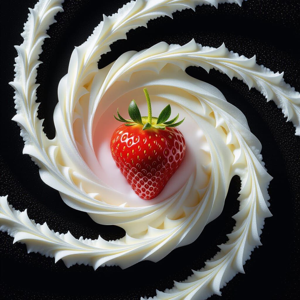 imagine a single, perfect strawberry suspended in mid-air, surrounded by a swirling vortex of cream and ...  by @SHACHAR