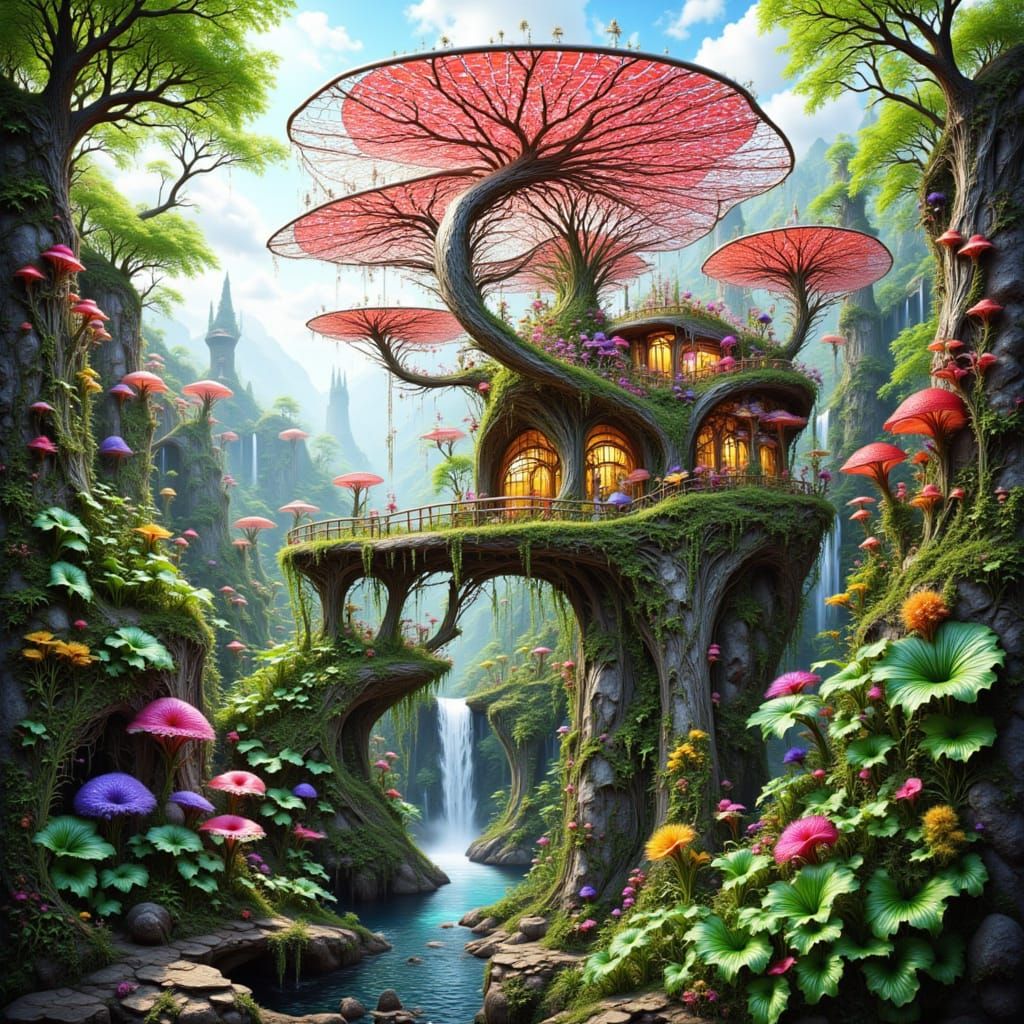 <lora:Eco Flow:1.0> RAINBOW Eco Flow: Unique Whimsical Creature Being, Solar Panel Array, Futuristic Eco-Shack, Botanical Shade Sails, Sky I...