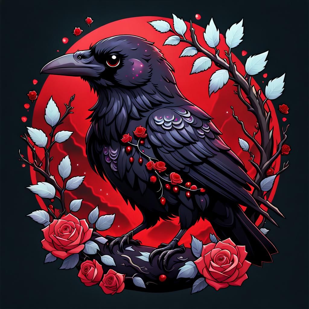 Chibi Black Raven with Roses in Anime Style