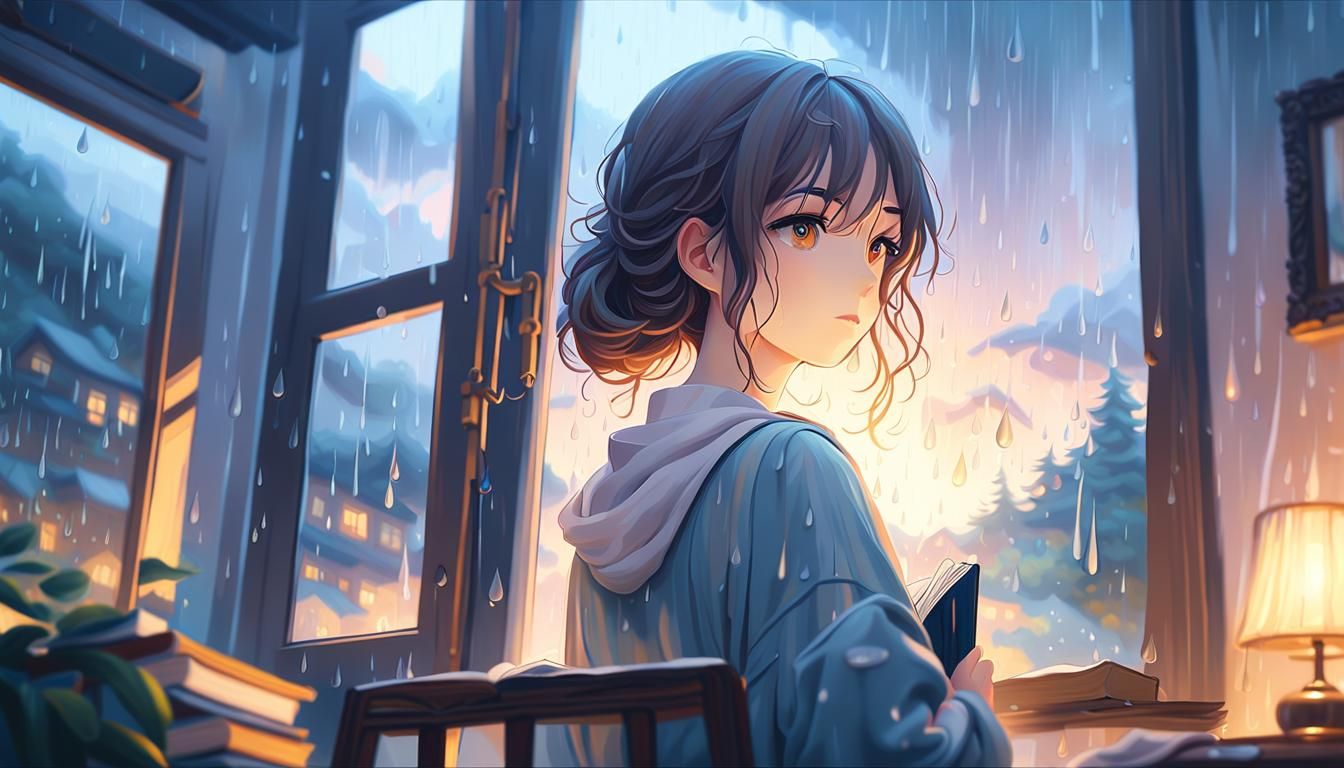 A pretty young girl reading a book in her bedroom and a rain...