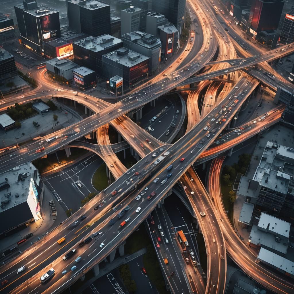 Aerial View of Congested Highway Intersection in Cinematic S...
