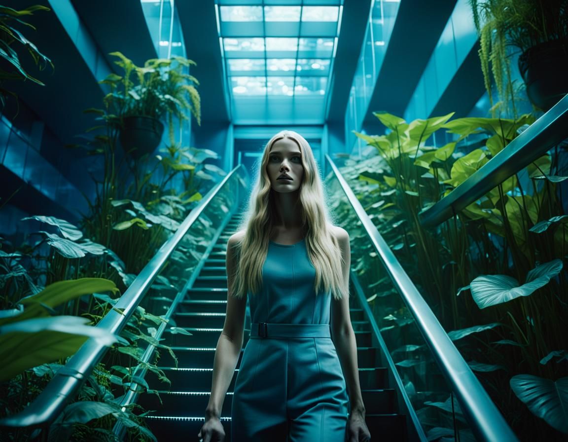 A highly futuristic scene: tall, slender swedish girl with long blonde hair is gracefully ascending a large, straight staircase.