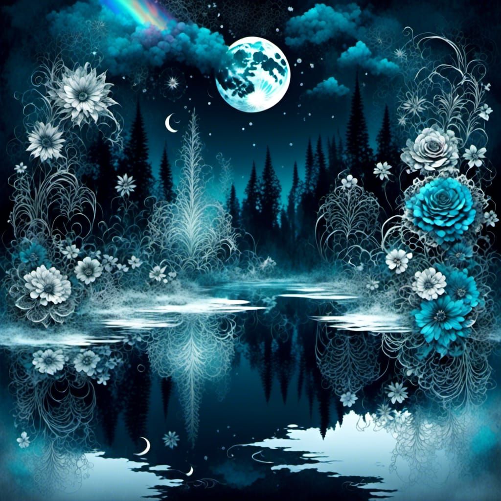 <lora:Soft Intensity:1.0> dark lake at night, bright stars and moon in the sky reflected in water, dark forest around, huge rainbow lace flo...