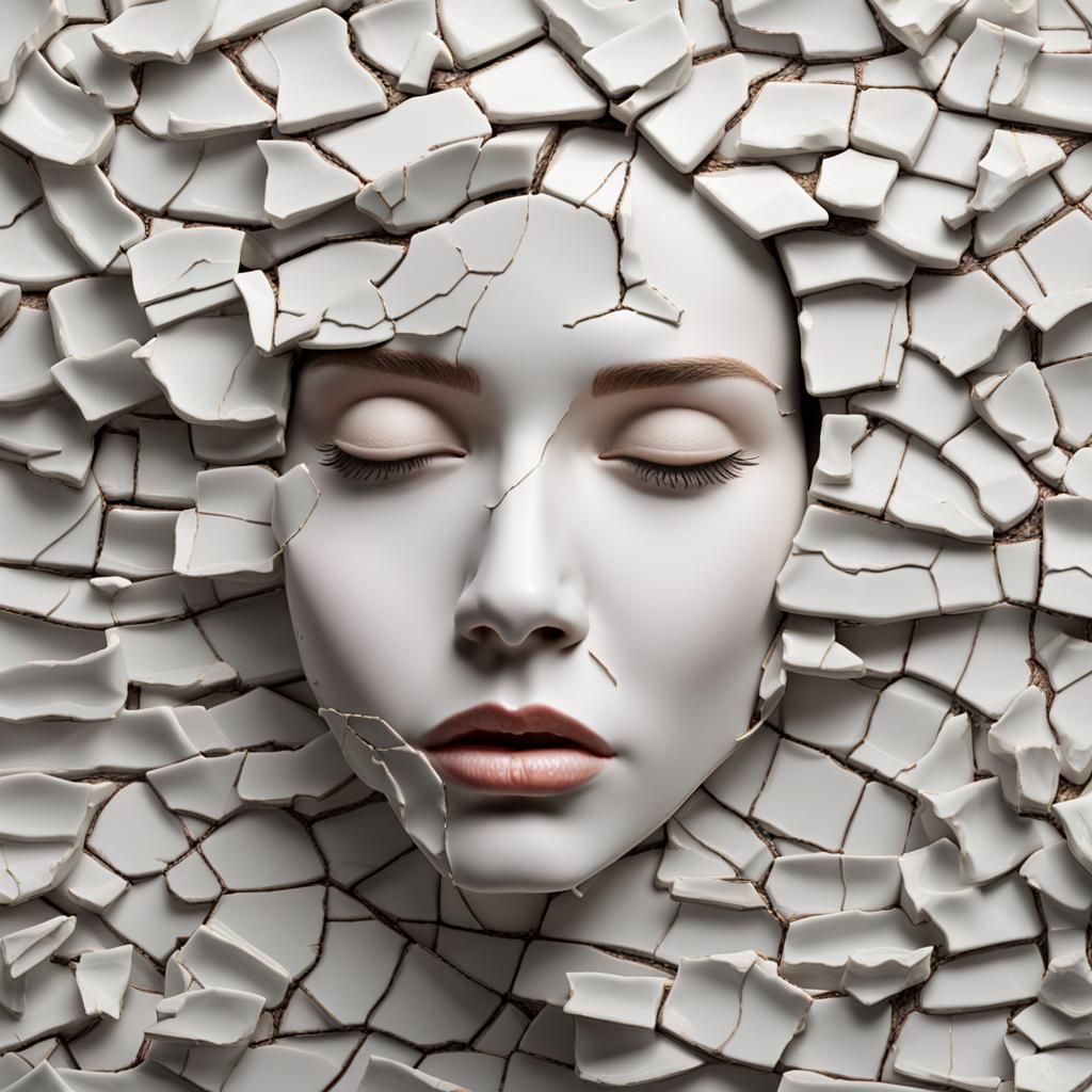 a woman's face, made of cracked porcelain