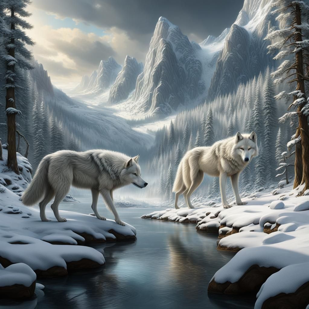 Wolf couple walking together in winter  by @Sword Yosef