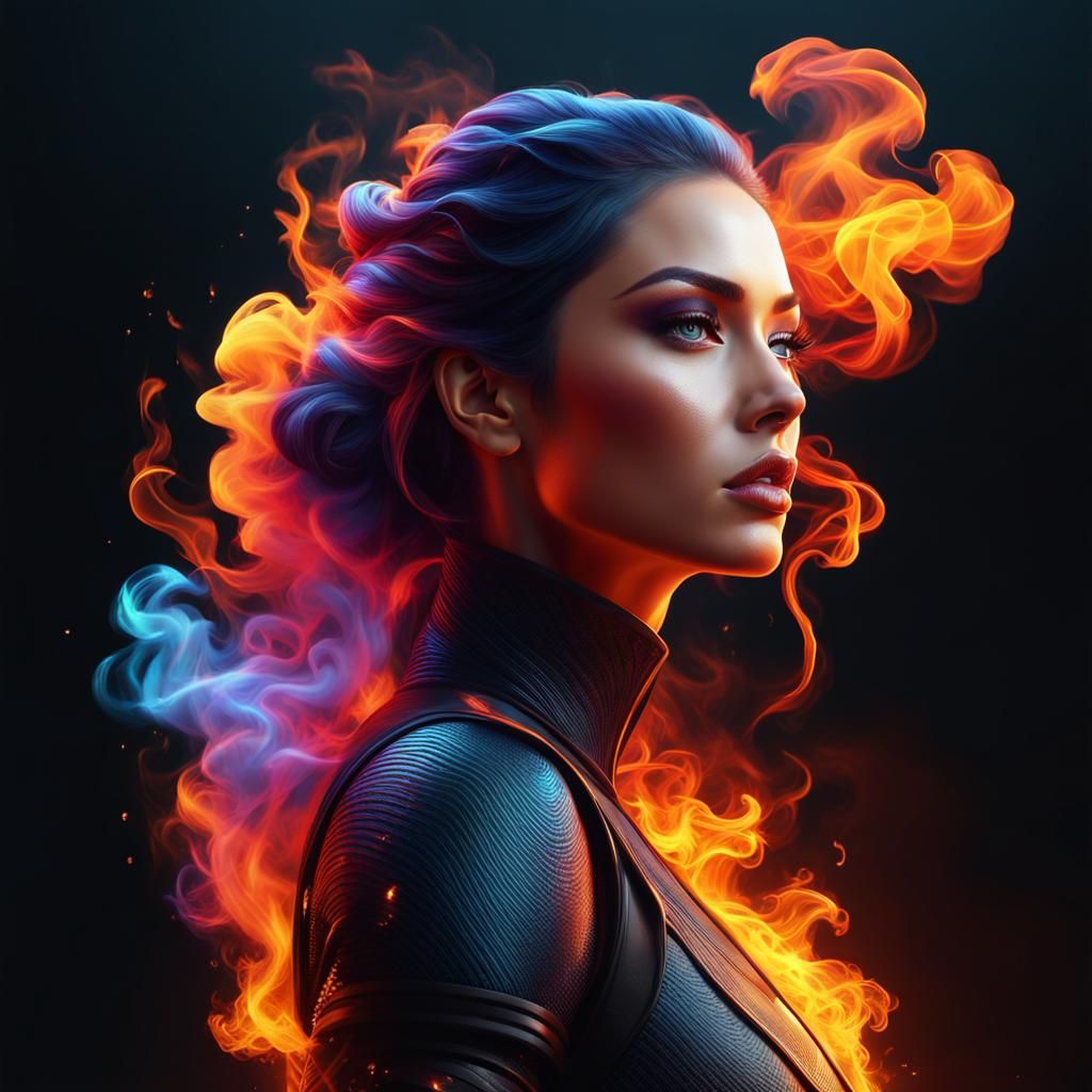 vector transparent girl made of colorful smoke and fire deta...