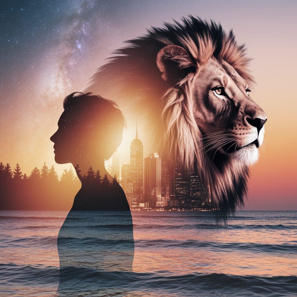 A person’s profile filled with a forest, ocean, or starry sky.
An animal shape made up of a landscape ...  by @Lintumila Manonka