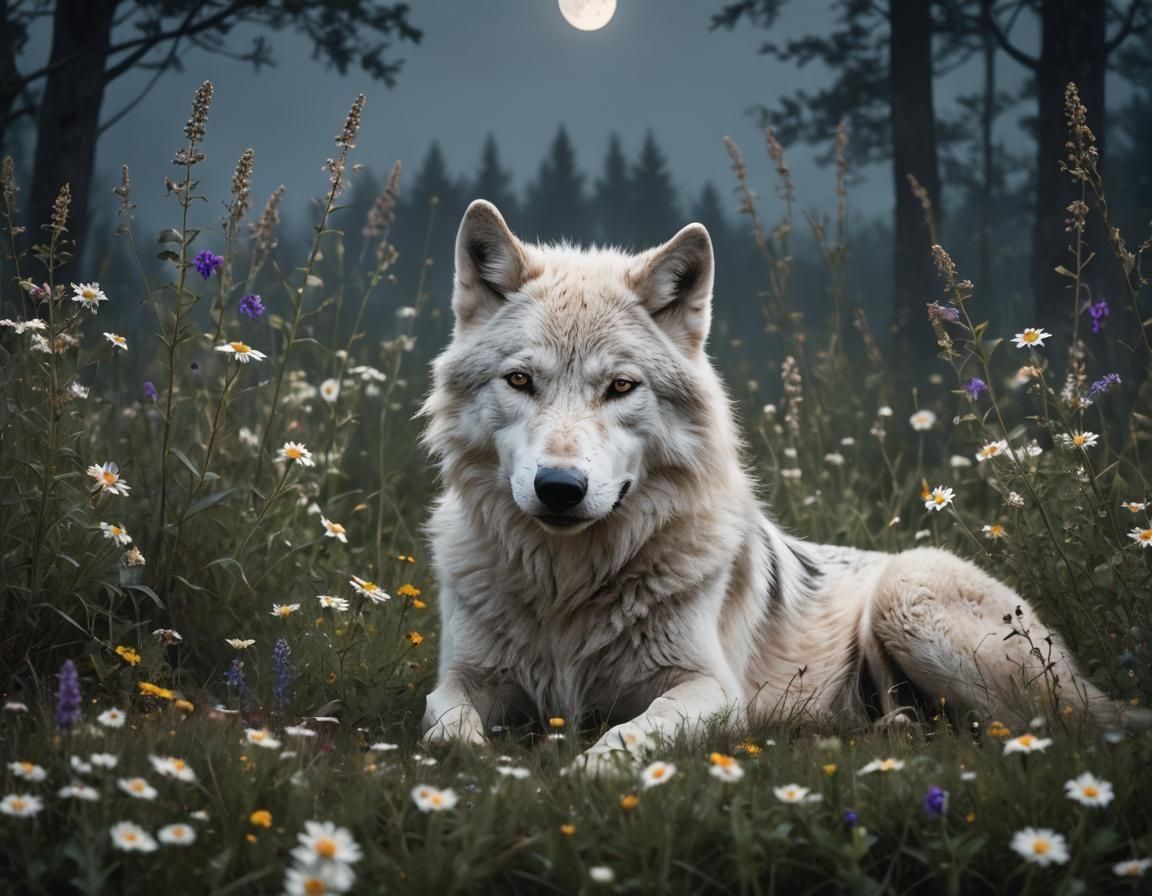 Realistic. A scarred, savage white wolf lying in a field of ...