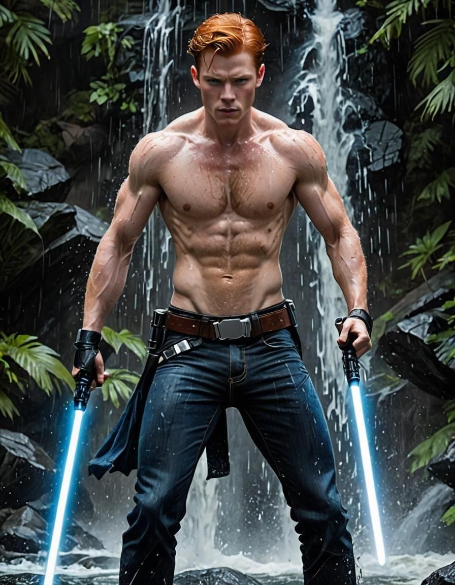 Masterpiece)), ((high detail)), redhead man (Cameron Monaghan), green eyes,  lean muscular build, dark wash jeans from Star Wars universe,... - AI  Generated Artwork - NightCafe Creator