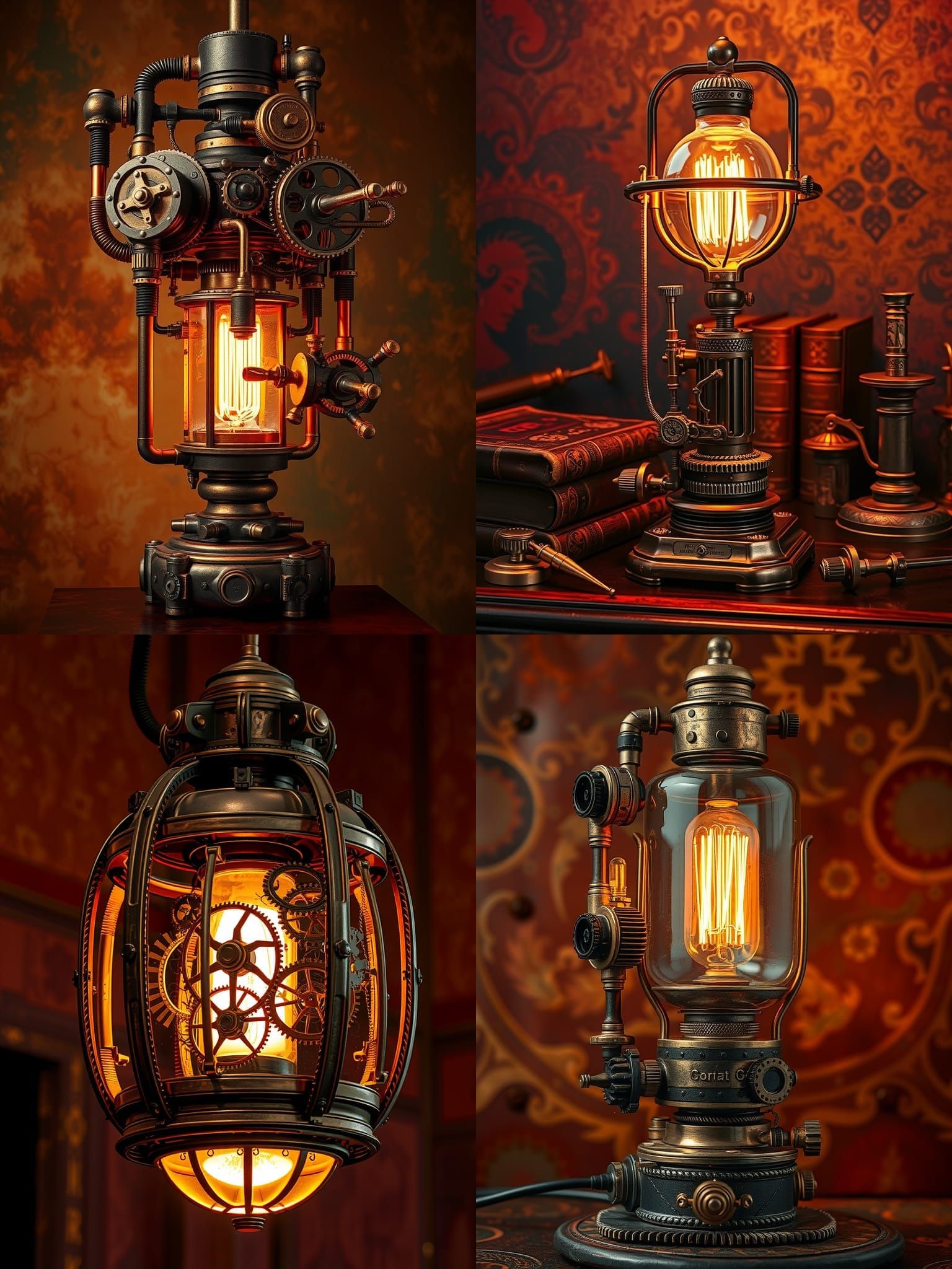 steampunk lamp with intricate gears, copper and brass elements, and mechanical parts that highlight its industrial desig...