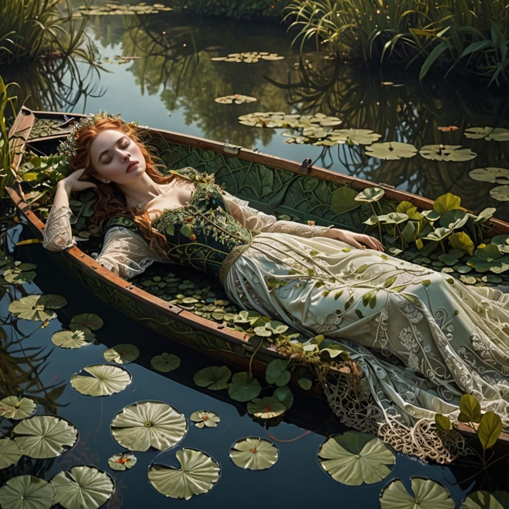 Woman in boat, dead or sleepy with half arm