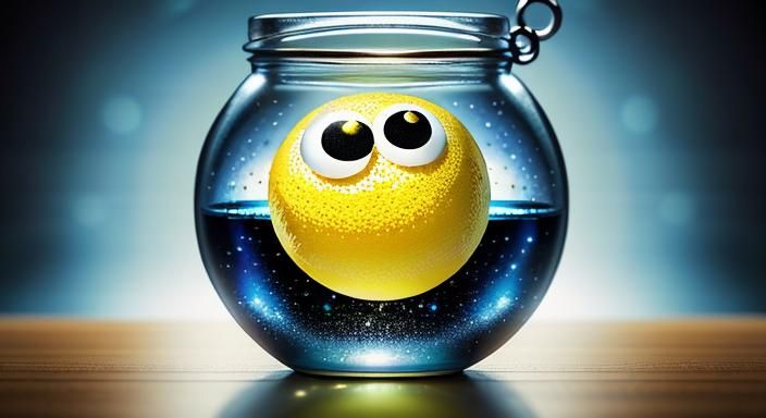 A surreal lemon with two Googly Eyes on a glass jar floating...
