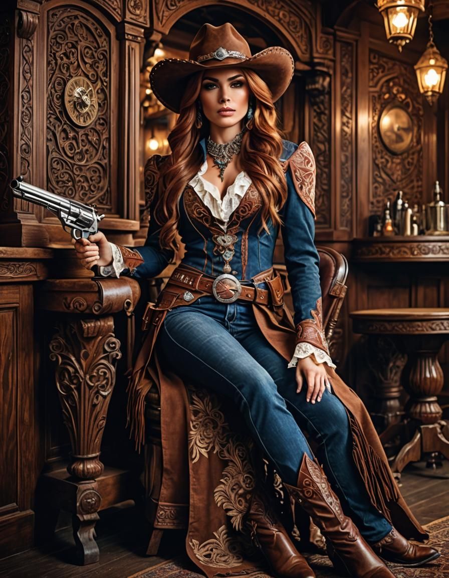 A beautiful girl with long auburn hair in beautiful intricate detailed cowboy outfit sitting in a saloon ...  by @Persie