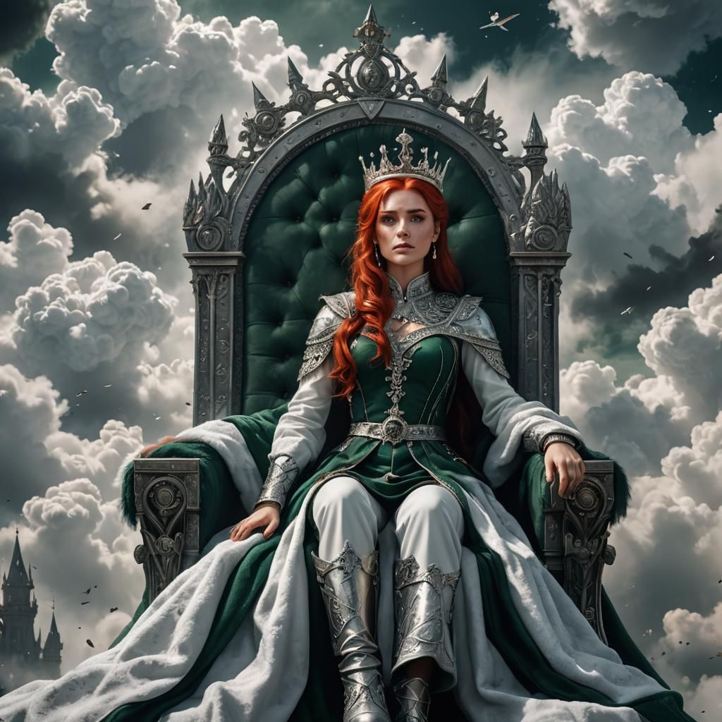 Queen in Silver Throne on Clouds: Fantasy Art