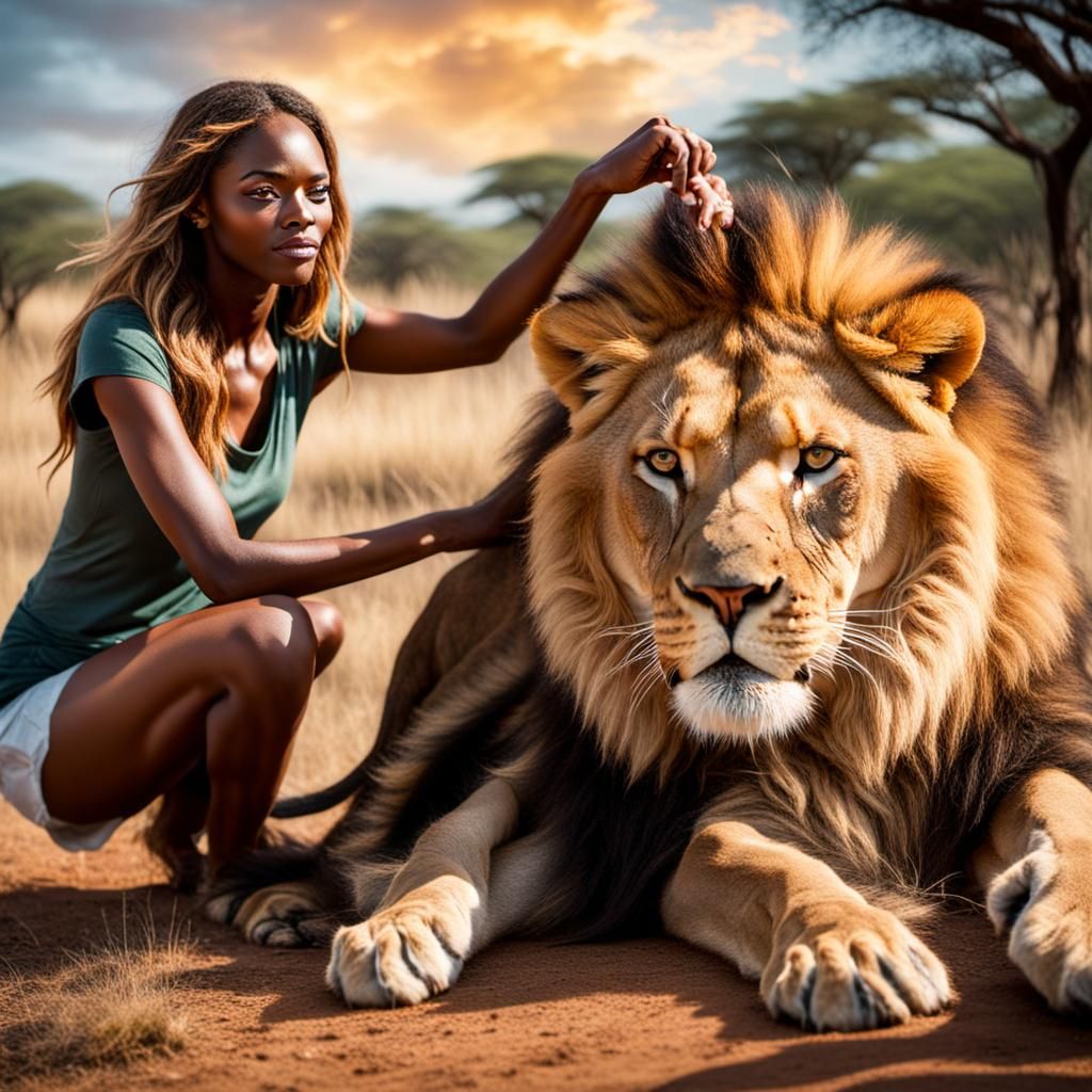 A beautiful girl slowly transforming into a lioness with lio...
