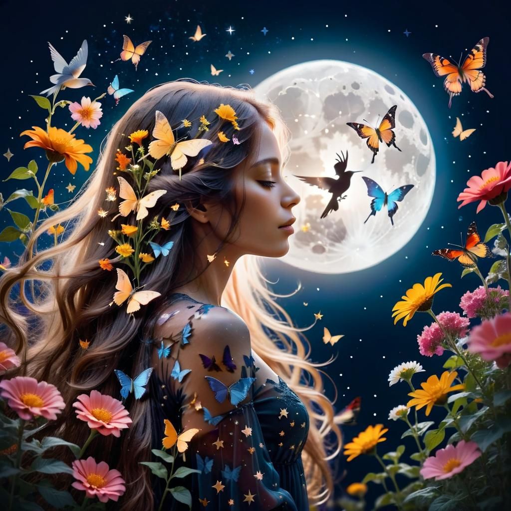 Floral Silhouette Double Exposure in Photorealistic Style