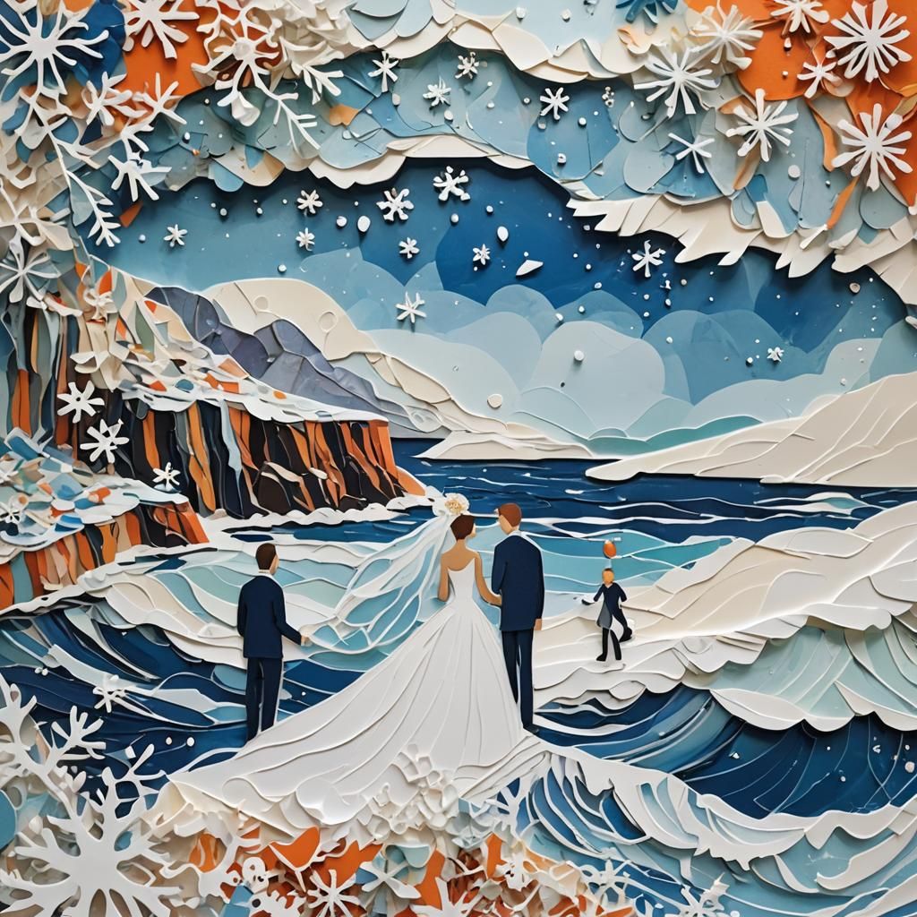 The wedding by a cliff the ocean calm below in paper collage...