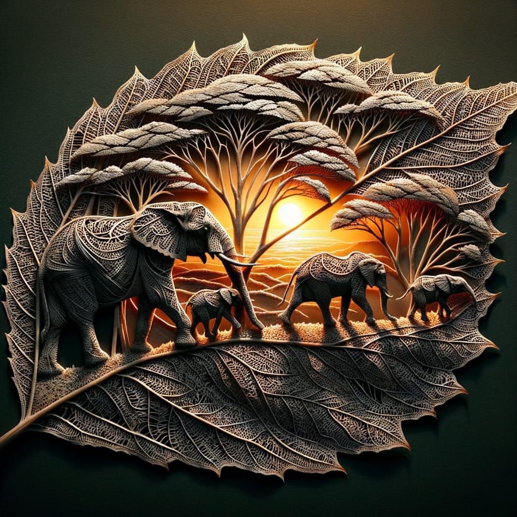 Leaf carving, herd of elephants in the savannah at sunset