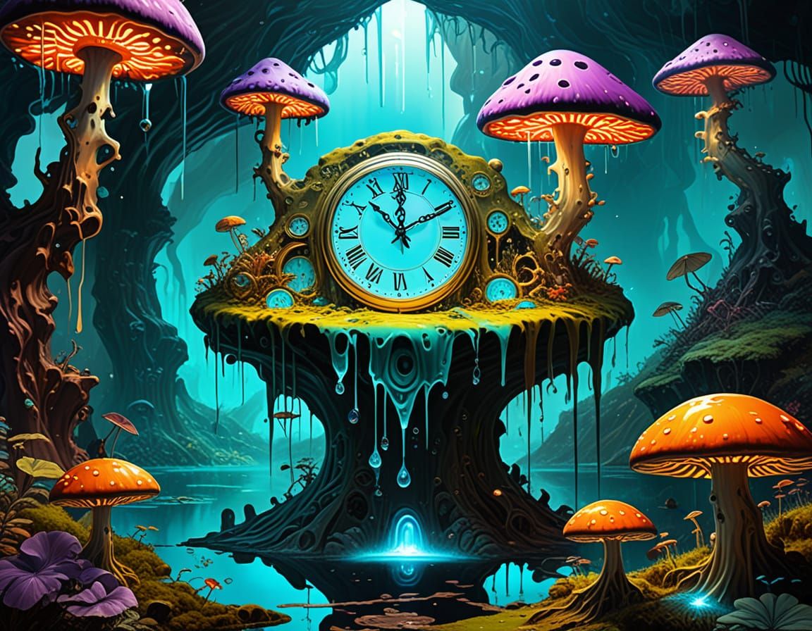 Surrealism. A melting clock draped over a giant, crystalline mushroom in a vibrant, alien jungle. Strange, bioluminescent flora. Dreamlike a...