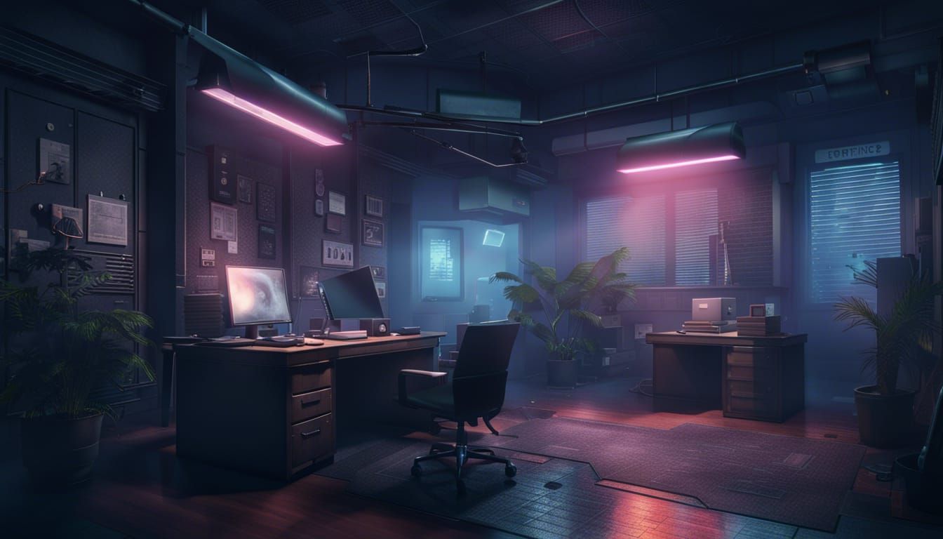 cyberpunk city private investigators office interior on a foggy night ...