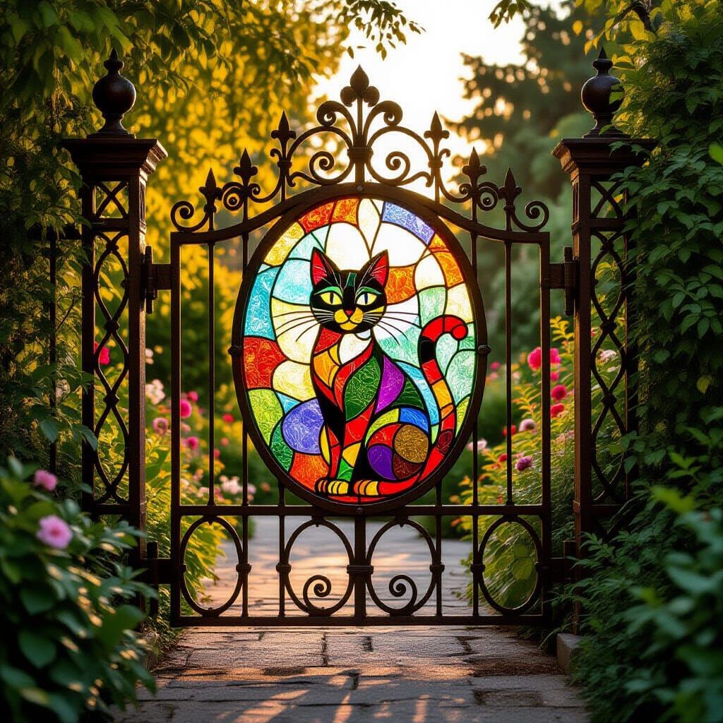 Iron gate with stained glass center