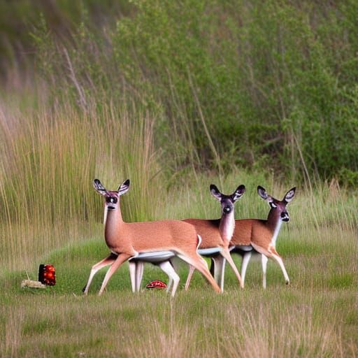 Strawberries in a prairie being grazed by whitetailed deer. clearly