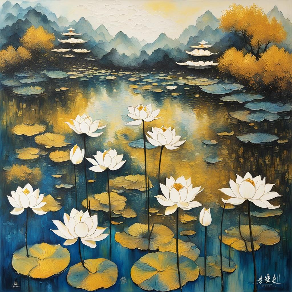 White Lotus in Golden Pond, Chinese Ink Painting