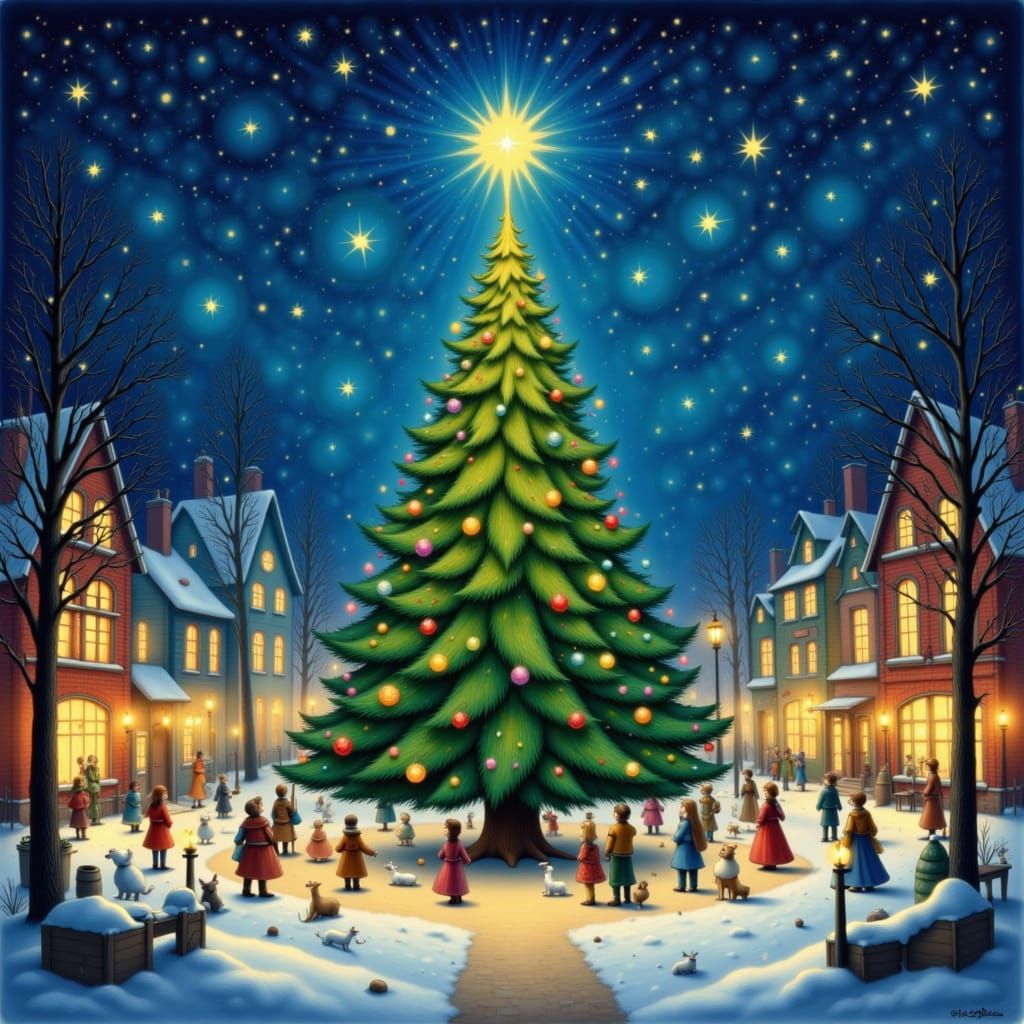 <lora:Storybook Christmas:1.0> Enormous Christmas tree in town square with shining star on top