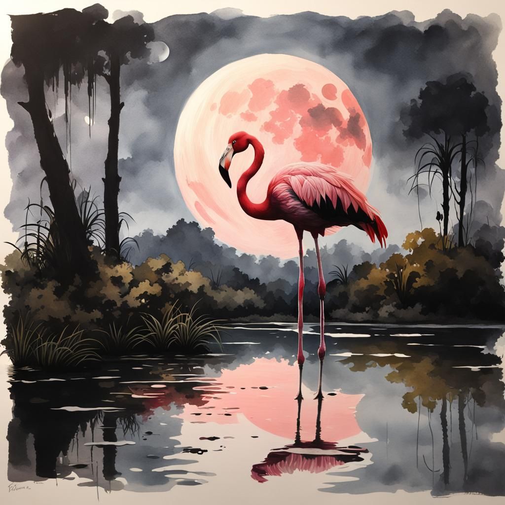A lonely flamingo under the moon #1