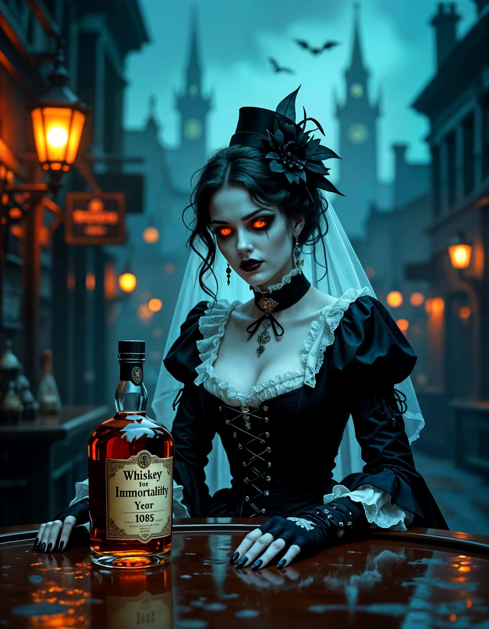 A ghostly woman, dressed in tattered Victorian-era goth-punk garb, hovers over a dimly lit bar, disguised ...  by @Golem