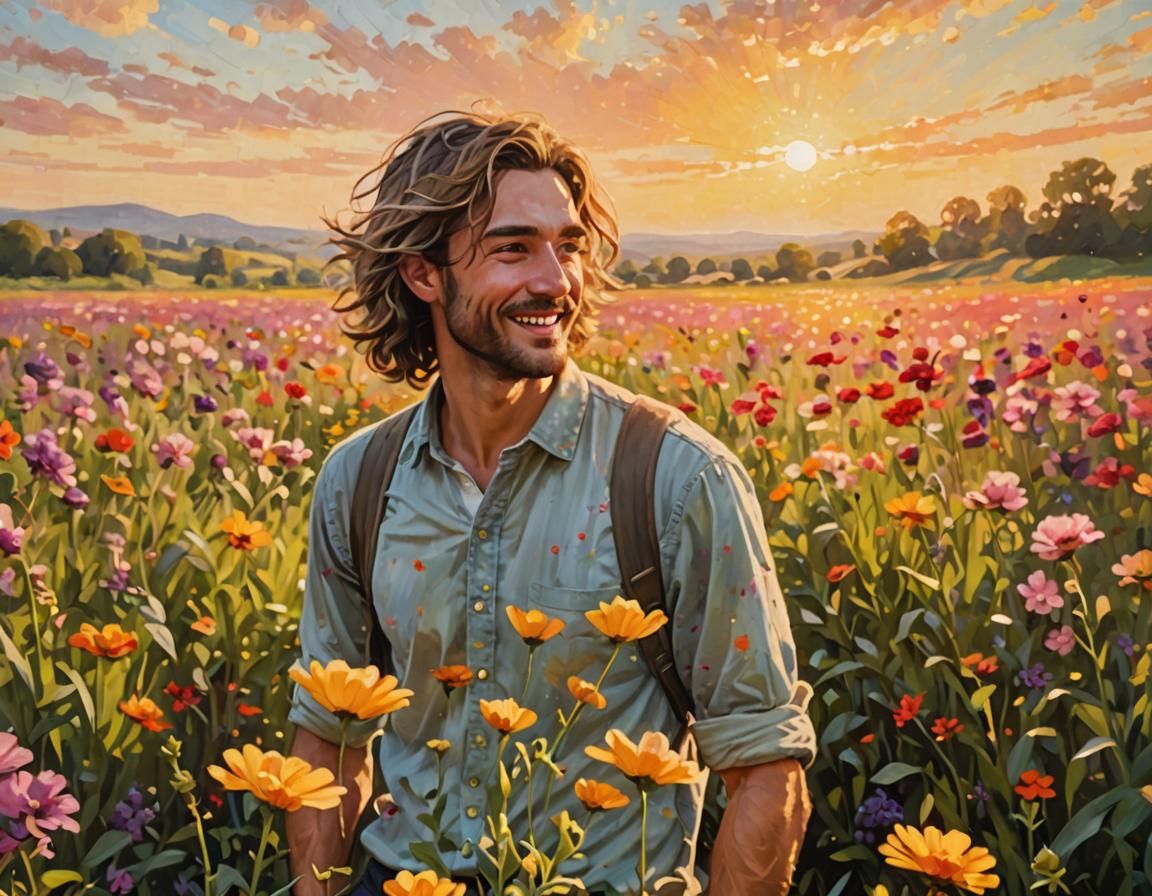 Happy young man in flower field, sunrise, view from behind, Professional photography, bokeh, natural lighting, canon len...