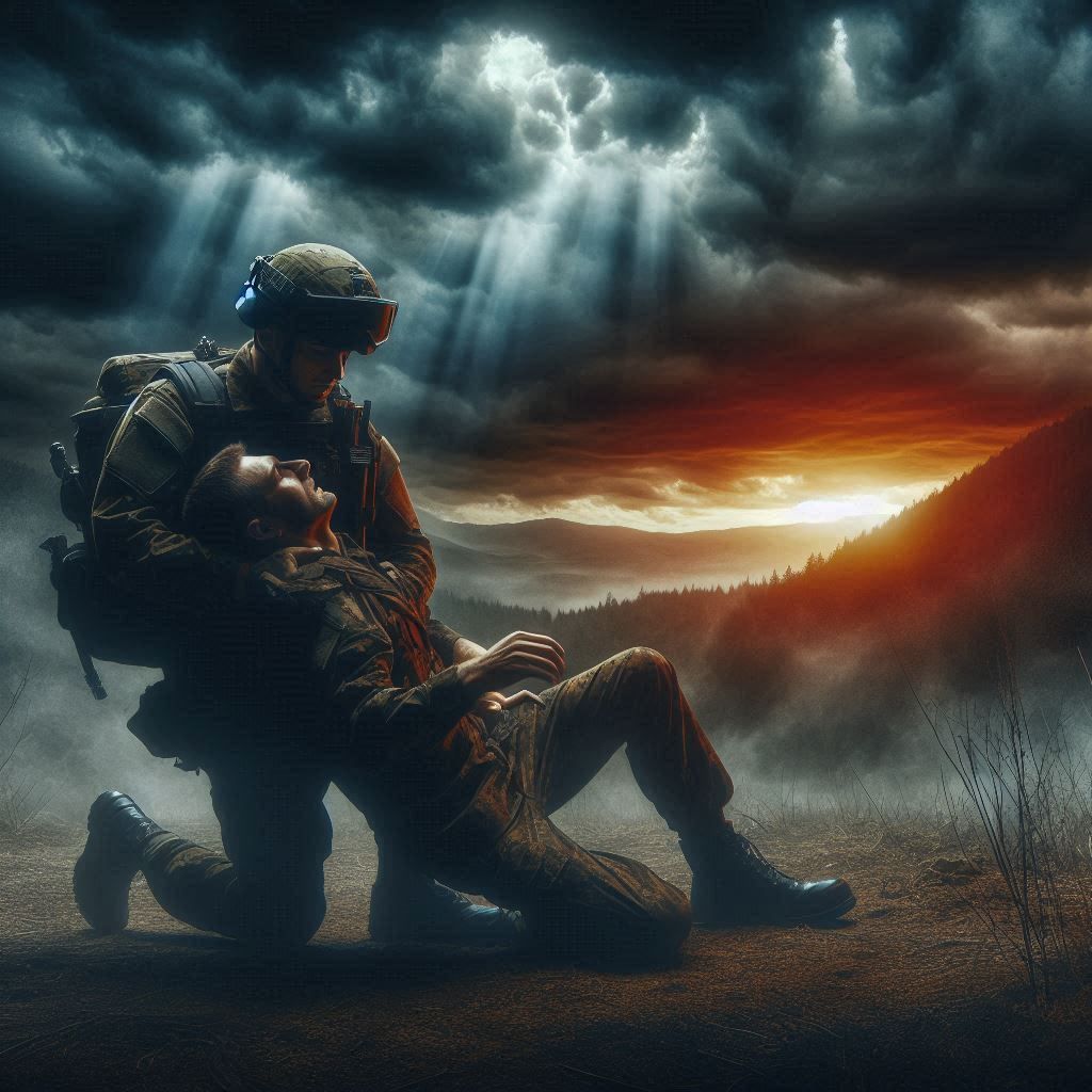 a soldier rescuing his friend in the middle of battle