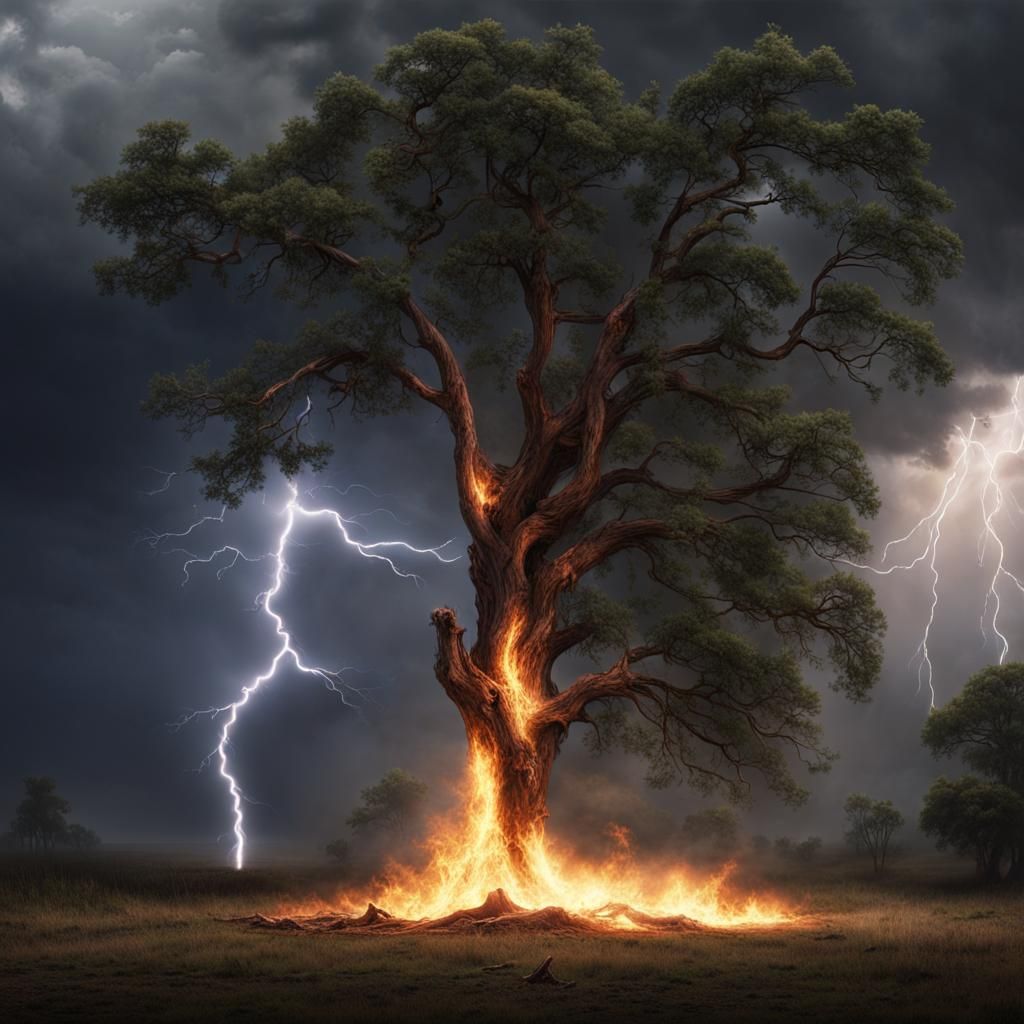 A lightning hits a tree that starts to burn :: Epic cinematic brilliant stunning intricate meticulously ...  by @Andrachiel