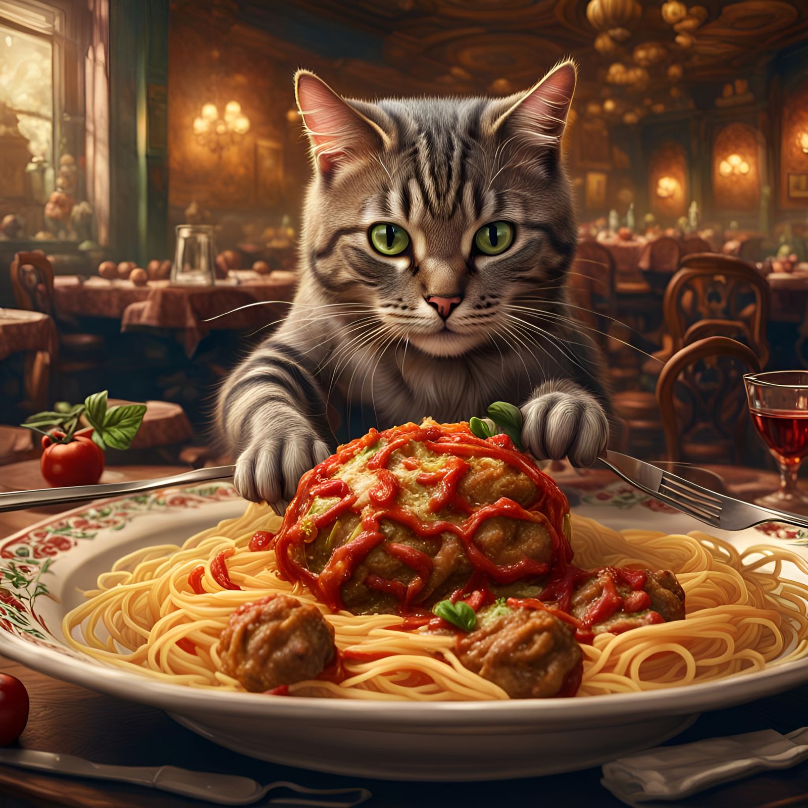 A cat playing with a meatball in a spaghetti dinner in an Italian