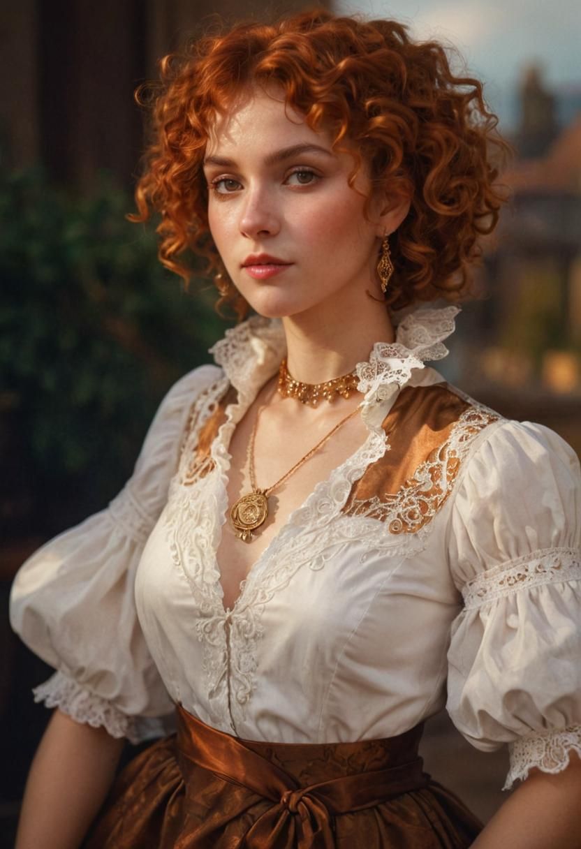 Dashing, beautiful, smiling woman with fair platinum blonde curly hair. PC for D&D game (human bard)