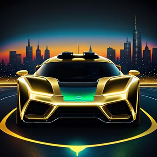 holographic golden hour futuristic city car