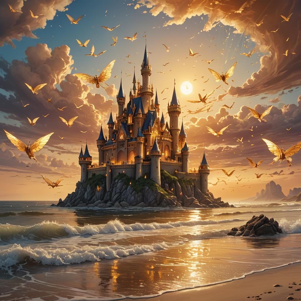 Golden Castle Above Beach with Fairies