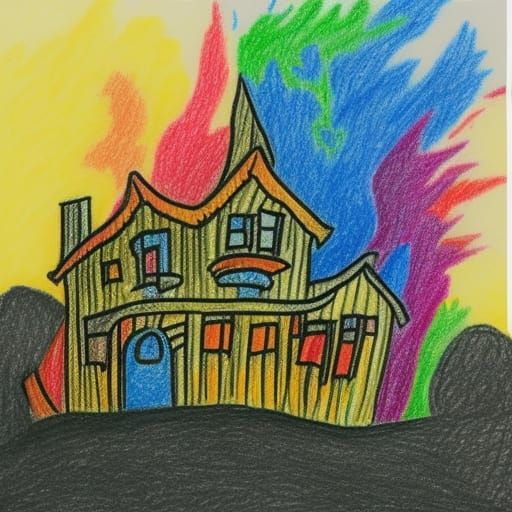 A crayon drawing of a house attacked by Godzilla  by @Doctor Mortose