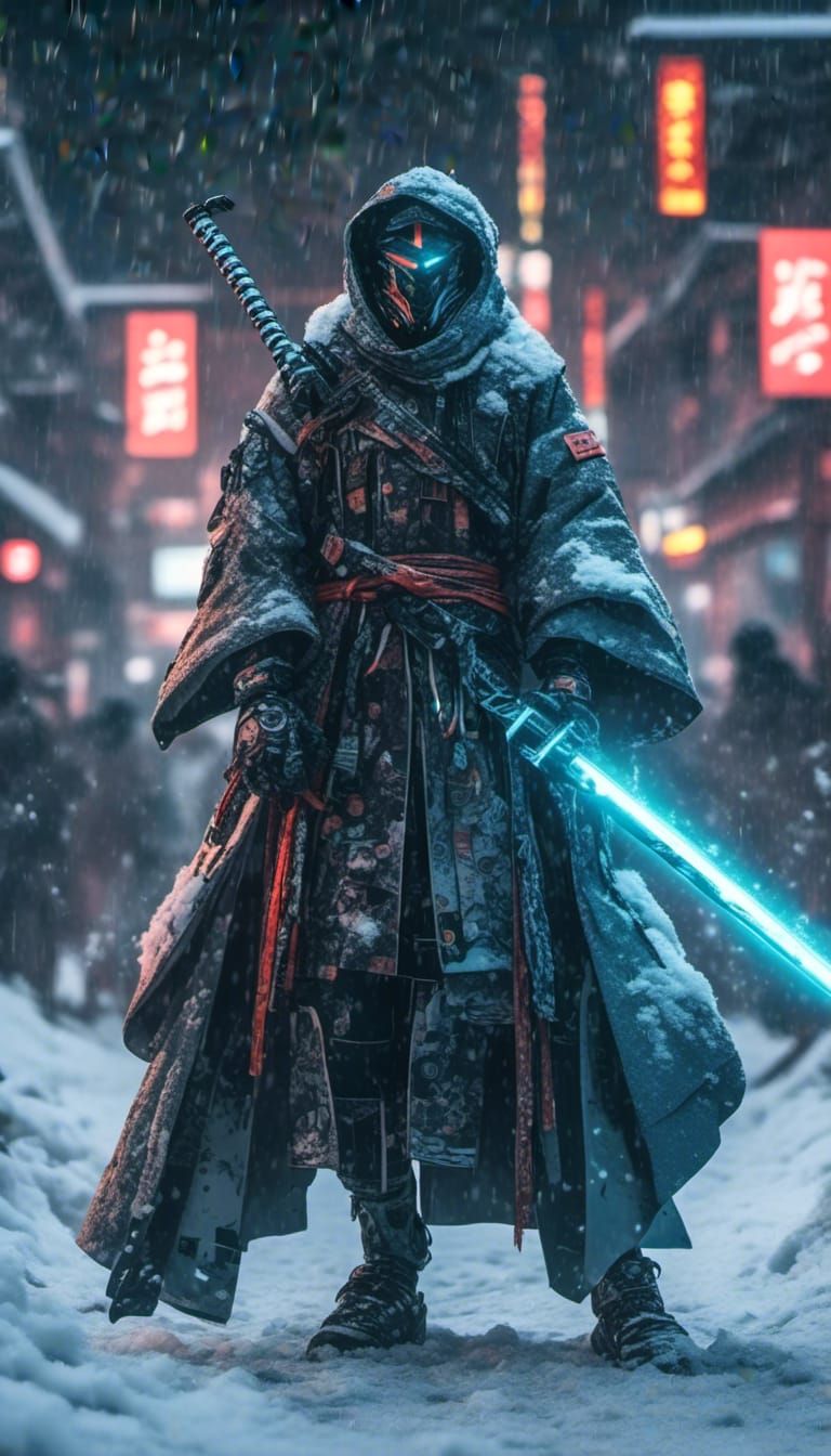 best quality, 32k resolution, cinematic techwear, kimono, clean, sharp detail, cyborg warrior holding a giant sword in winter, bioluminescen...