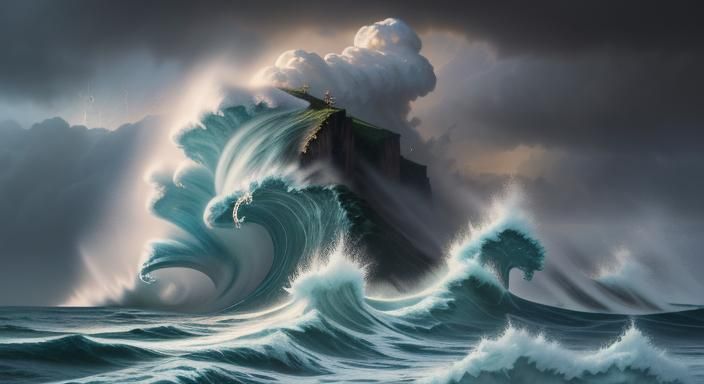 an anime style sea storm with big waves a rough sea with hug...