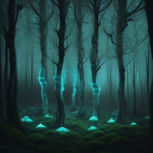 A bioluminescent forest, trees adorned with shimmering lichen, the air ...