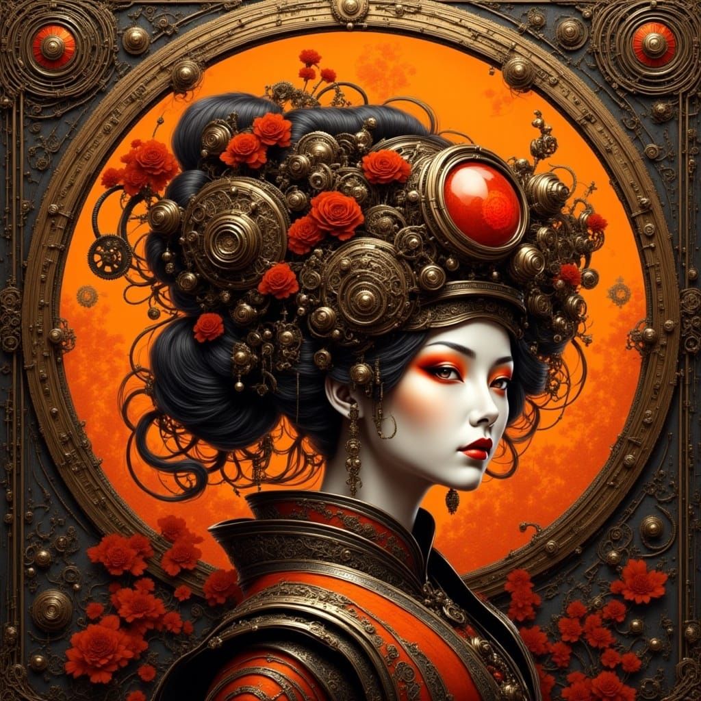 A beautiful geisha. <lora:SteampunkFLUX:1.0> Steampunk orang...