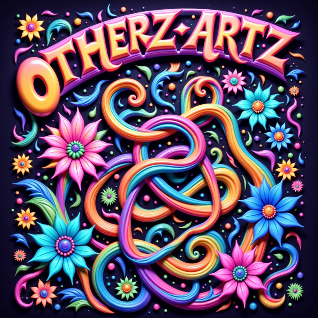 GLOSSY RAINBOW COLORS. A sign says, "Evolved From OTHER'Z ART'Z". <lora:Kaleido:1.0> 