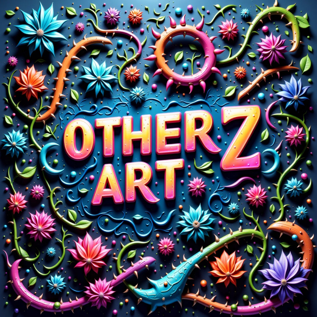 GLOSSY RAINBOW COLORS. A sign says, "Evolved From OTHER'Z ART'Z". <lora:Kaleido:1.0> 