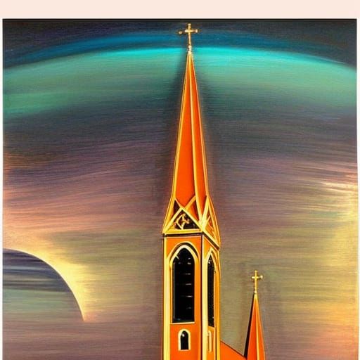 In this night, a church steeple towers above an eclipse