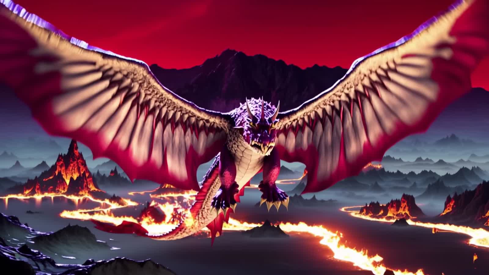 A dragon with scales of polished ruby soars through a crimson sky, its wings casting long shadows over a volcanic landsc...