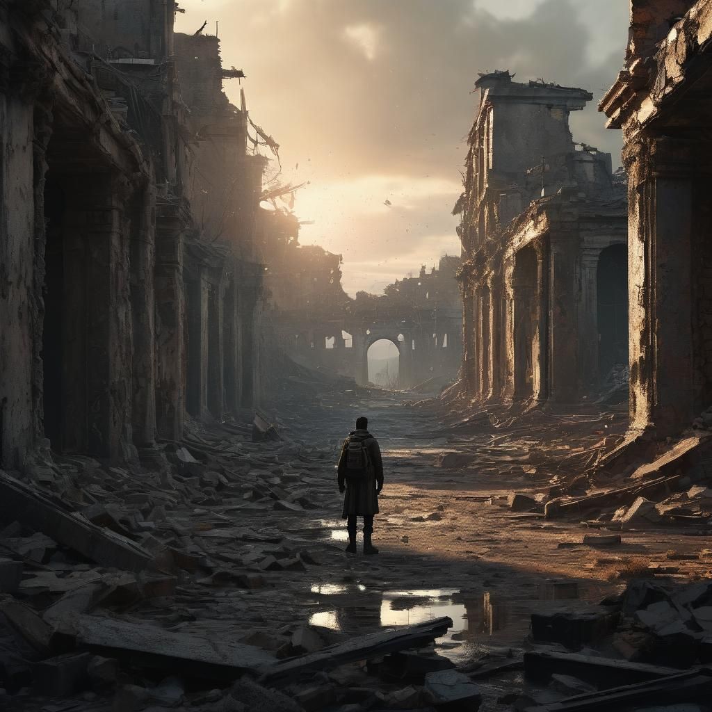 Post-Apocalyptic Figure in Ruins with Nostalgic Lighting