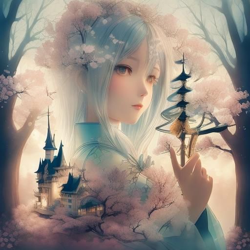Beautiful double exposure, Breathtaking, Perfect combination, lovers, serene village, soft sunlight, cherry blossom, castle, <lora:ShadowBle...
