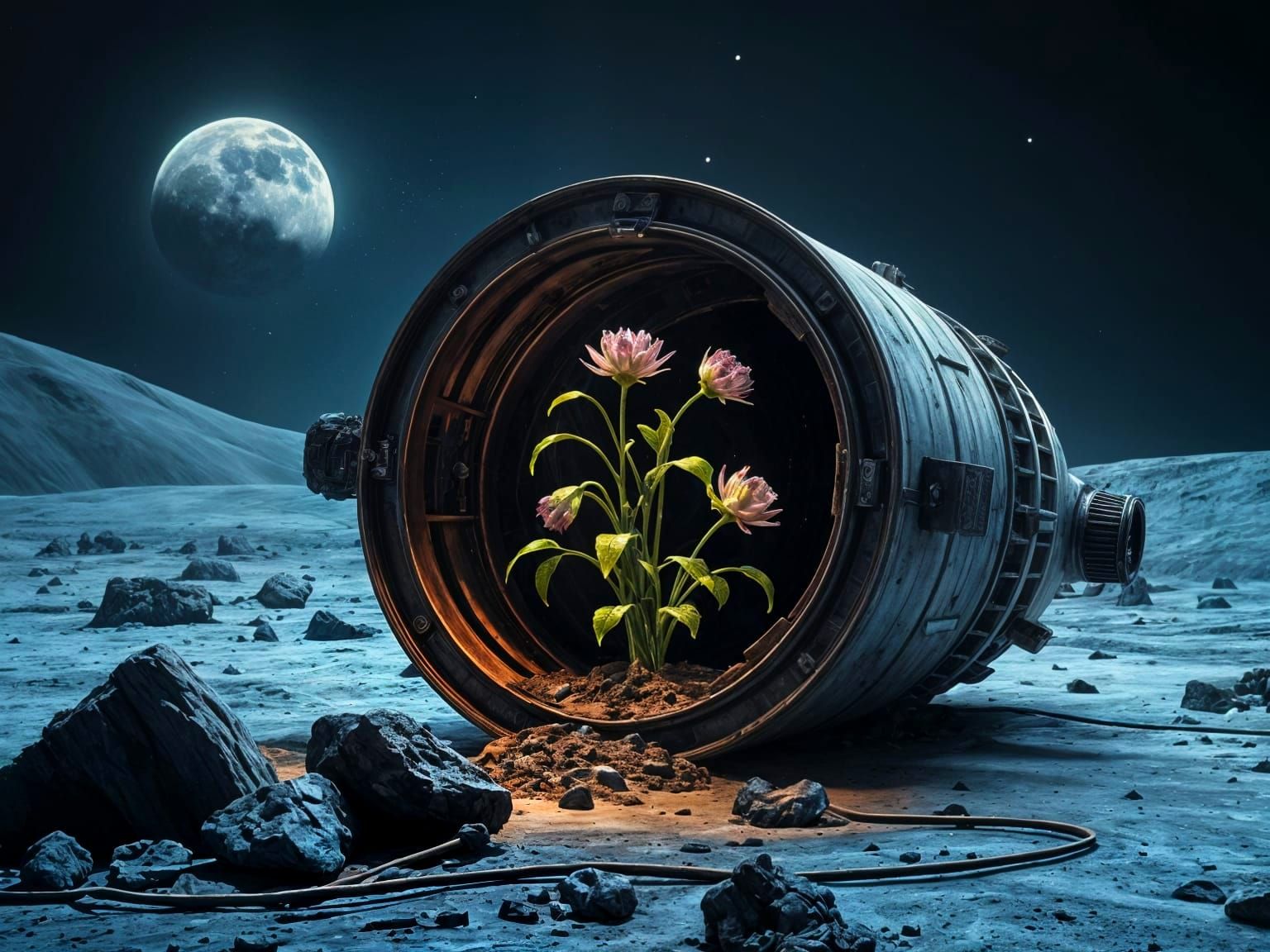 Plants growing inside a broken rocket, on the surface of the Moon  by @avionesplateados 