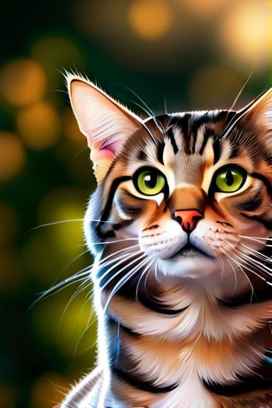 Grey and brown tabby cat with pink roses in the moonlight a ...